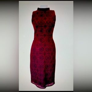 AQUA Lace Overlay Sleeveless Dress Mock Neck Dark Red/Cranberry/Burgundy Medium